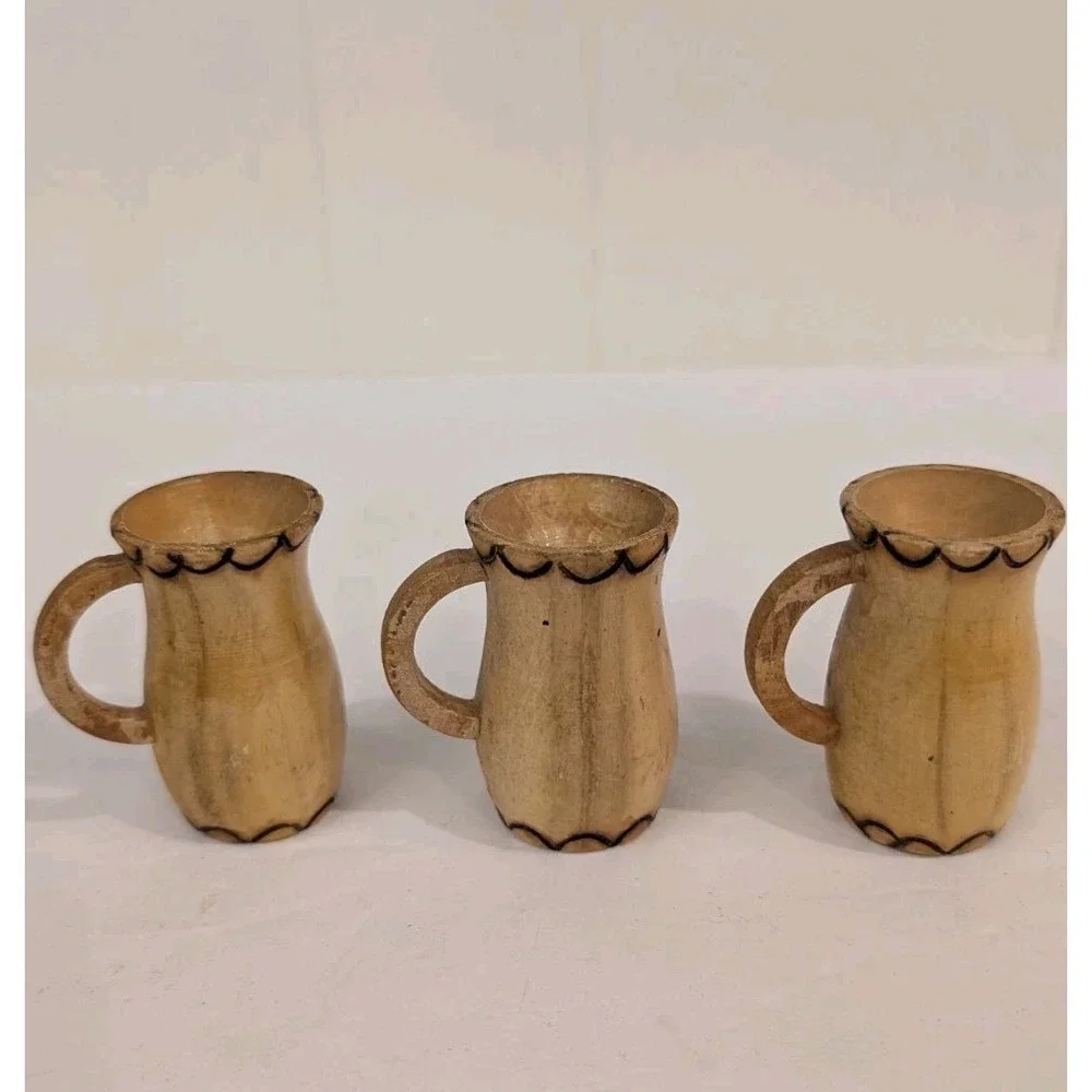 Hand Carved Vintage Wooden Cups Set Of 3 Miniature Wall Hanging Plaque Slovakia